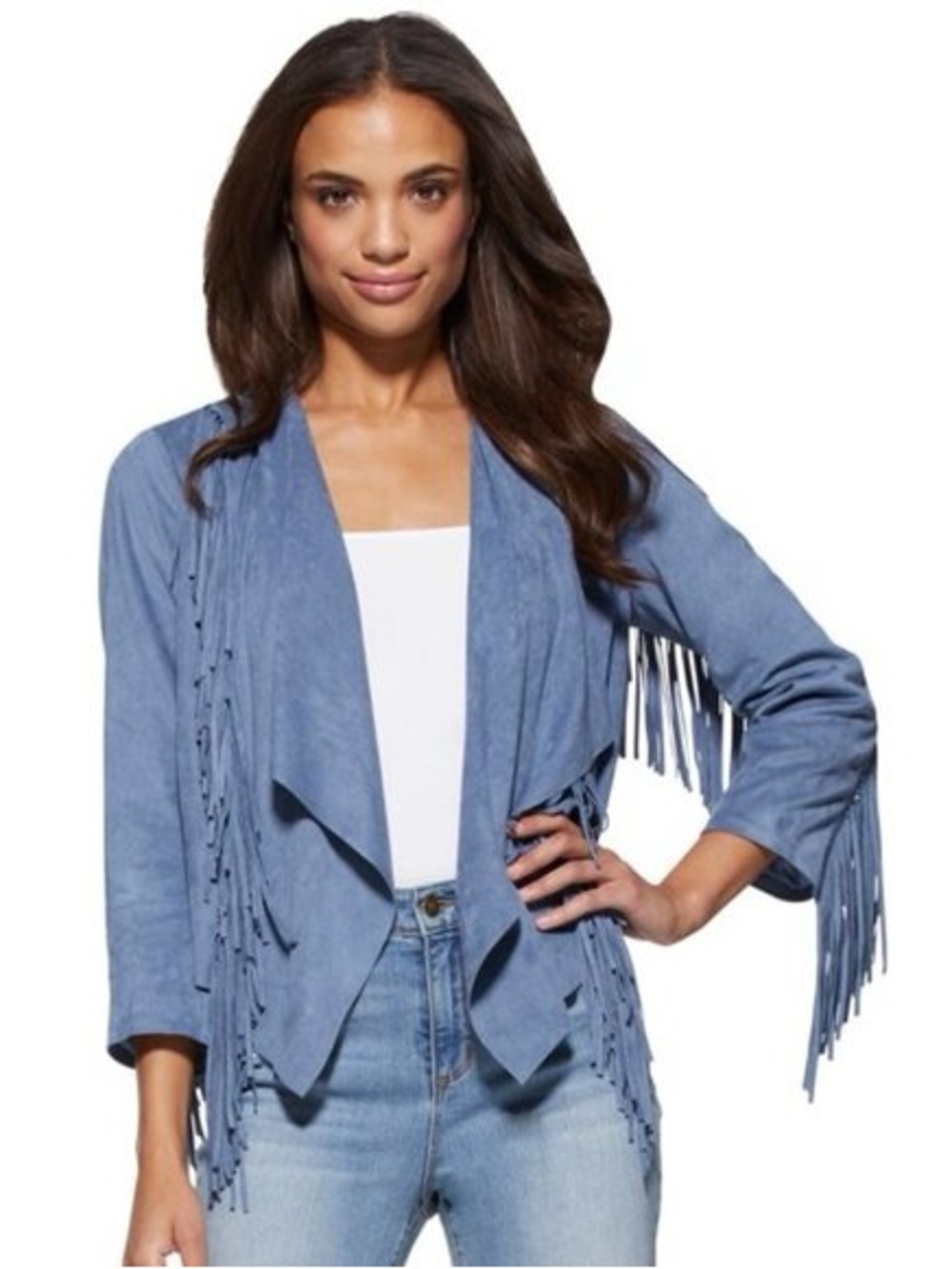 Suede Fringe Open-Front Jacket - Blue